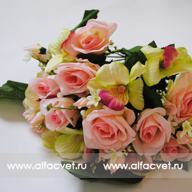 искусственные цветы розы и орхидеи цвета розовый с салатовым 44