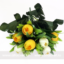 искусственные цветы букет камелий с крупными листьями цвета белый с желтым 13