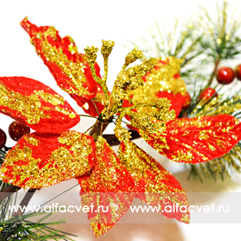 искусственные цветы веточка ели с пуансеттией цвета красный 4